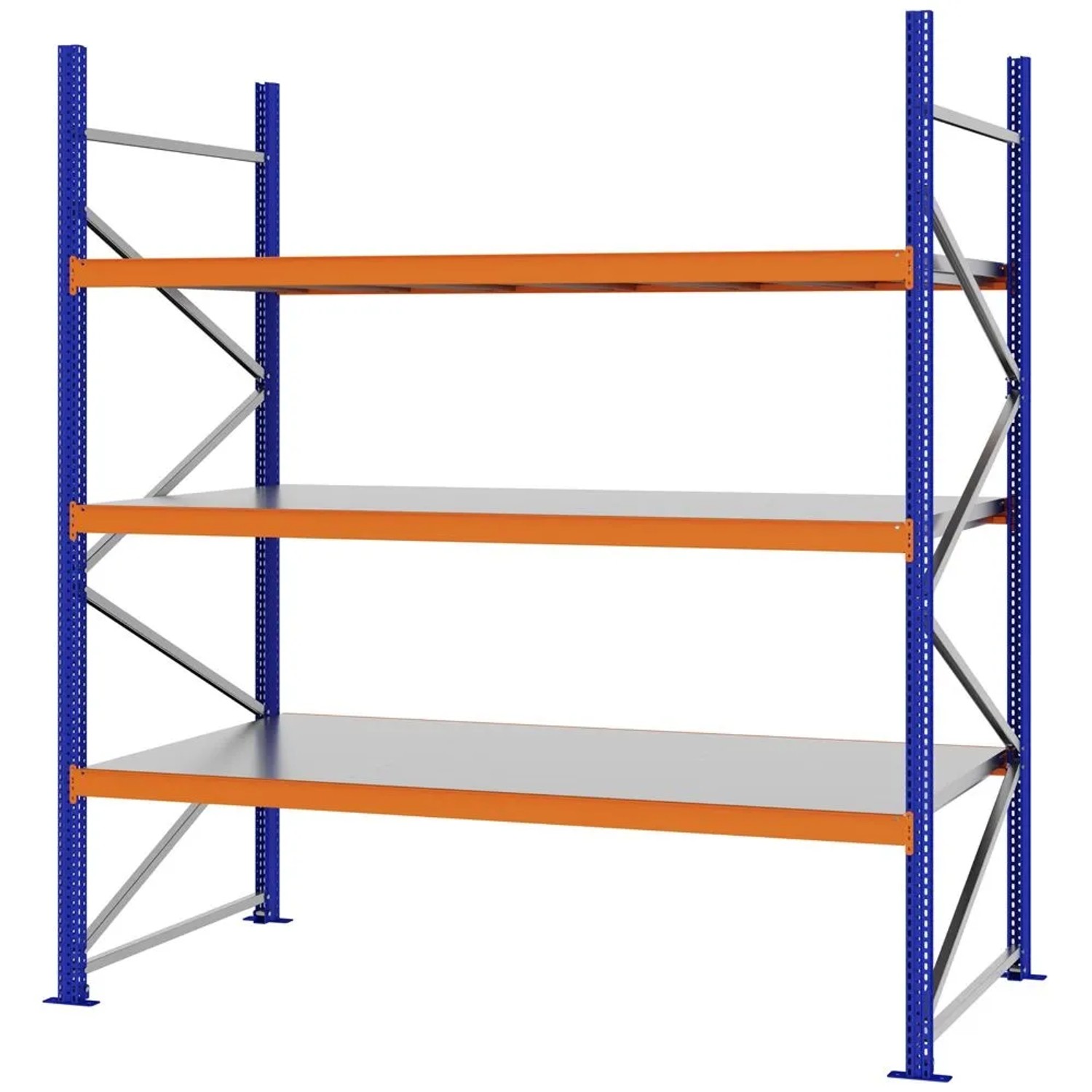 PROREGAL Weitspannregal Schraub-Stecksystem MAGNUS PRO Made In Germany Grundregal 250x225x100cm 3 Ebenen Stahlböden Fachlast 520kg Blau/Orange
