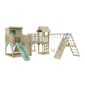 OutdoorToys Spielturm Lars mit mintgrüner Rutsche, Schaukel, Kletterwand und Spielhaus.