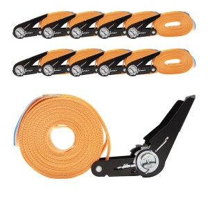 10 orangefarbene Spanngurte mit Ratsche, 6 m lang, je 800 kg Tragkraft.