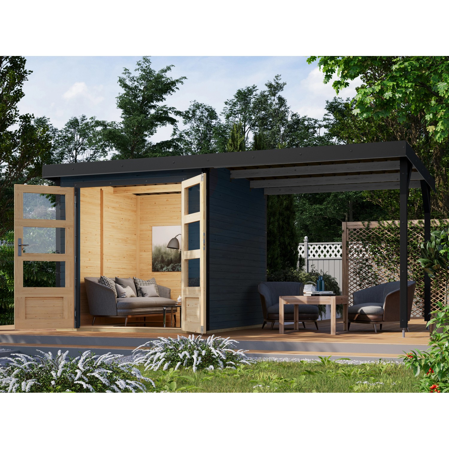 Karibu Gartenhaus/Gerätehaus Set Ernesto C Anthrazit mit Anbaudach 4,45 m²