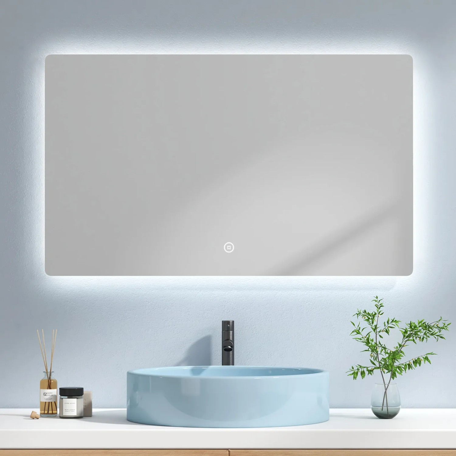 Emke Badspiegel 100x60 cm mit LED-Beleuchtung und Touchschalter, dimmbar.