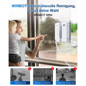 Ecovacs Winbot Mini Fensterputzroboter im Einsatz, mit Kind am Fenster. Kompaktes Design für streifenfreie Sauberkeit.