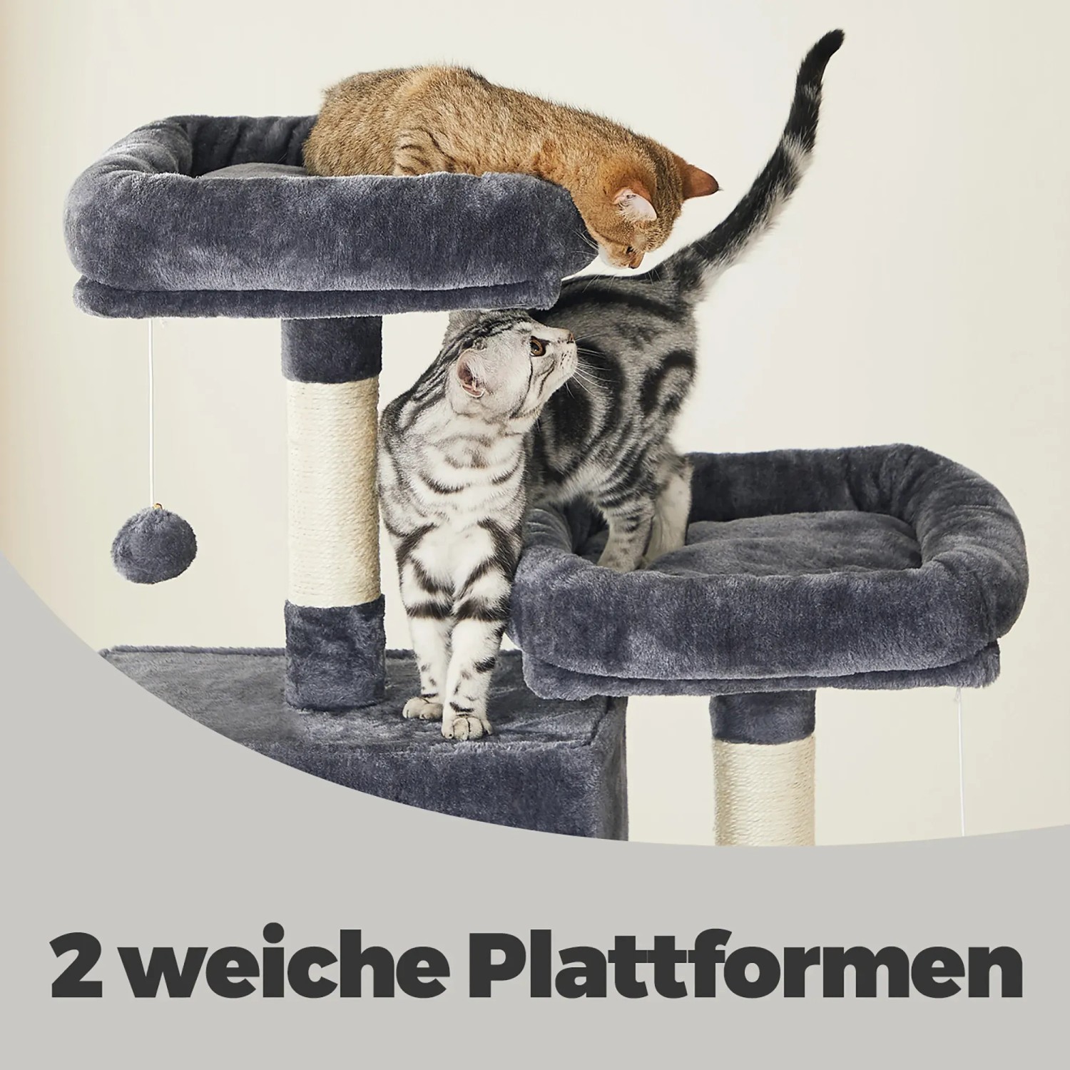 Feandrea Kratzbaum, 206 cm, rauchgrau mit zwei Katzen auf weichen Plattformen.