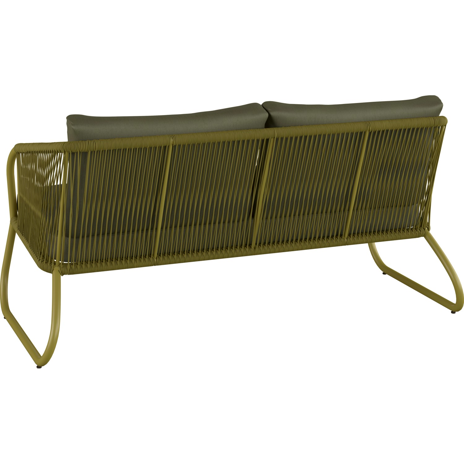 Detailansicht des olivfarbenen Lounge-Sets Scafford mit Seilbespannung.