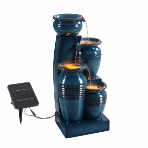 Teamson Home 4-stufiger Gartenbrunnen mit Solar und LED in Blau. Dekorative Kaskade für den Außenbereich.