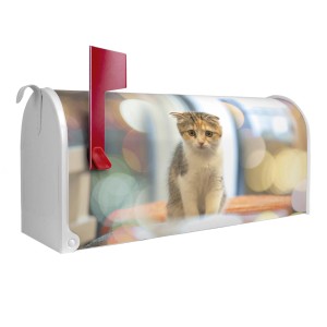 Weißer Banjado US Briefkasten mit Katzenmotiv, Stahl pulverbeschichtet, 48x22x16cm.