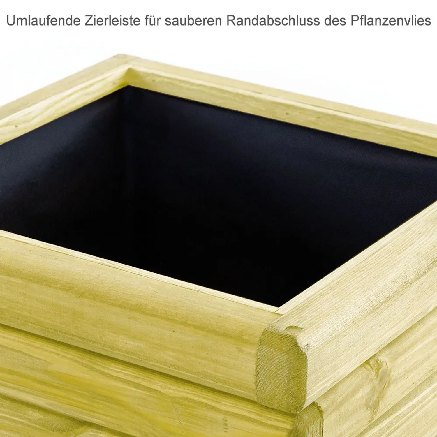 HolzFee Pflanzkasten Akzent aus heller Kiefer. Oberer Rand mit Zierleiste und dunklem Pflanzvlies für sauberen Abschluss.