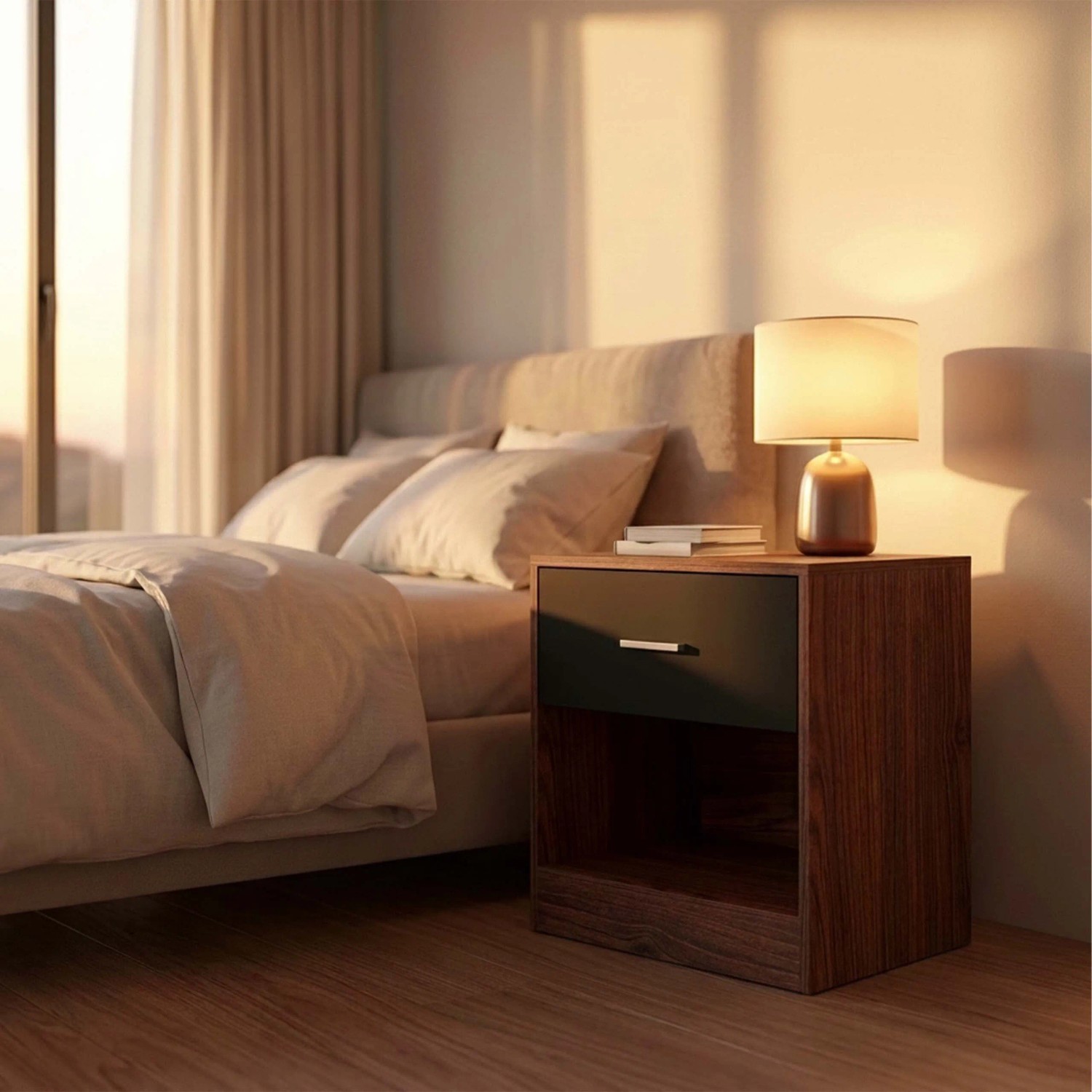 Brauner MDF Nachttisch mit schwarzer Schublade und offenem Fach, neben Bett mit Lampe und Büchern. Praktische Schlafzimmer-Ablage.