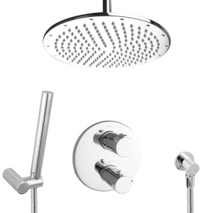 PaulGurkes Unterputz Regendusche 30cm mit Thermostat und Handbrause, verchromt.