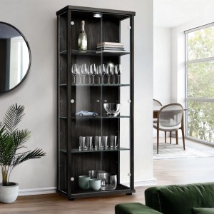Schwarze K-Möbel Vitrine mit LED-Beleuchtung und Glasböden, ideal zur Präsentation von Sammlerstücken.
