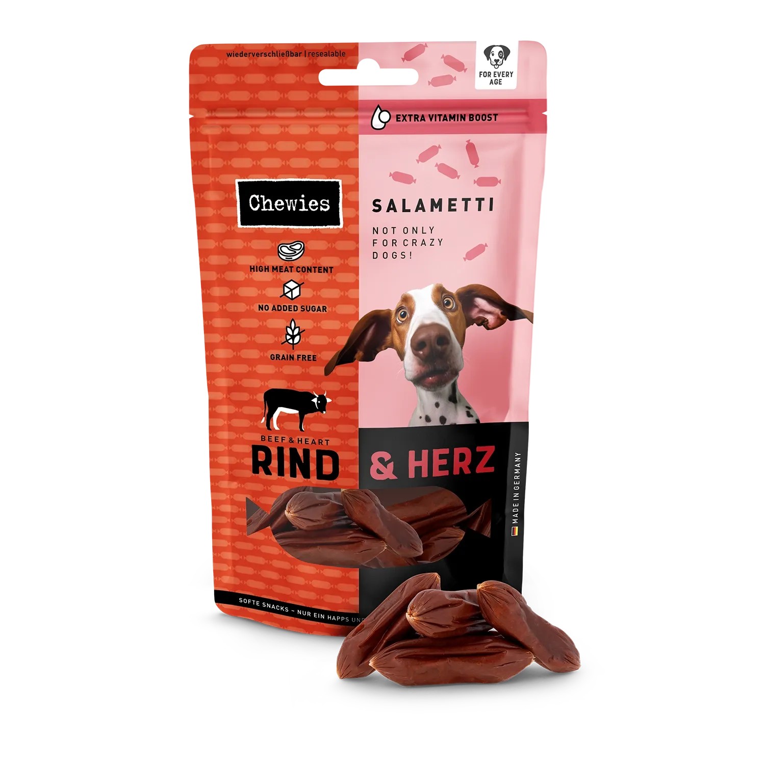 Chewies Salametti Hunde-Snacks Rind & Herz, 200g Packung. Getreidefreie Belohnung für Hunde.