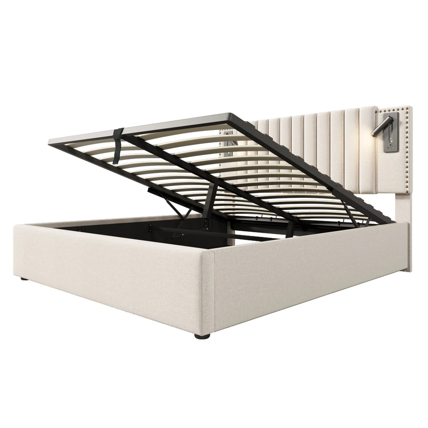 Merax Polsterbett 140x200cm Stauraum USB Beige Baumwolle