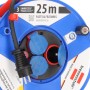 Blaue Garant Kabeltrommel 25m mit 3 IP44 Schutzkontakt-Steckdosen für Gewerbe & Baustellen, schwarzer Stecker.