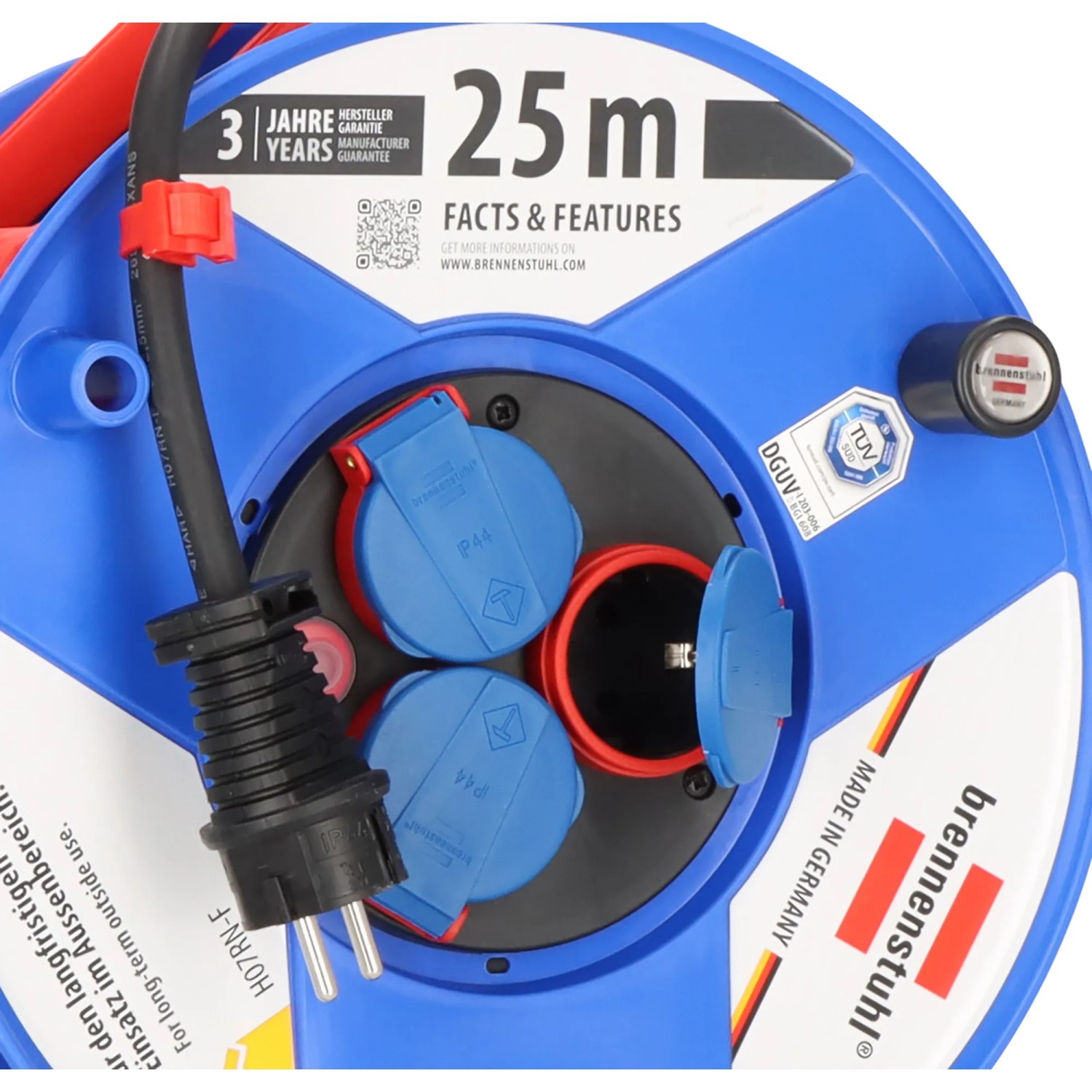 Blaue Garant Kabeltrommel 25m mit 3 IP44 Schutzkontakt-Steckdosen für Gewerbe & Baustellen, schwarzer Stecker.