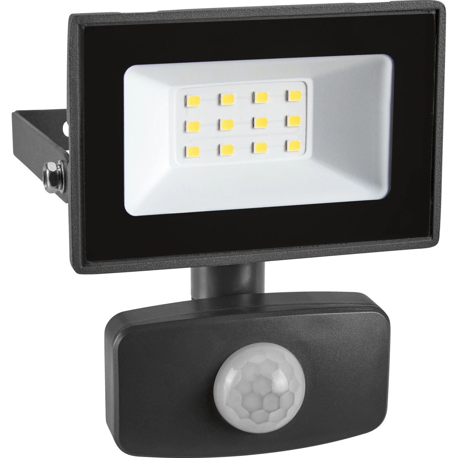 Grauer LED Strahler 10W mit Sensor für Aussenbereiche.