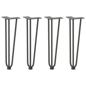 Vier anthrazitfarbene Haarnadelbeine aus pulverbeschichtetem Stahl, 42 cm hoch, für Couchtische. Robuste Möbelbeine.