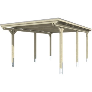 Skan Holz Carport Emsland, schiefergrau, mit flachem Dach und sechs Pfosten.