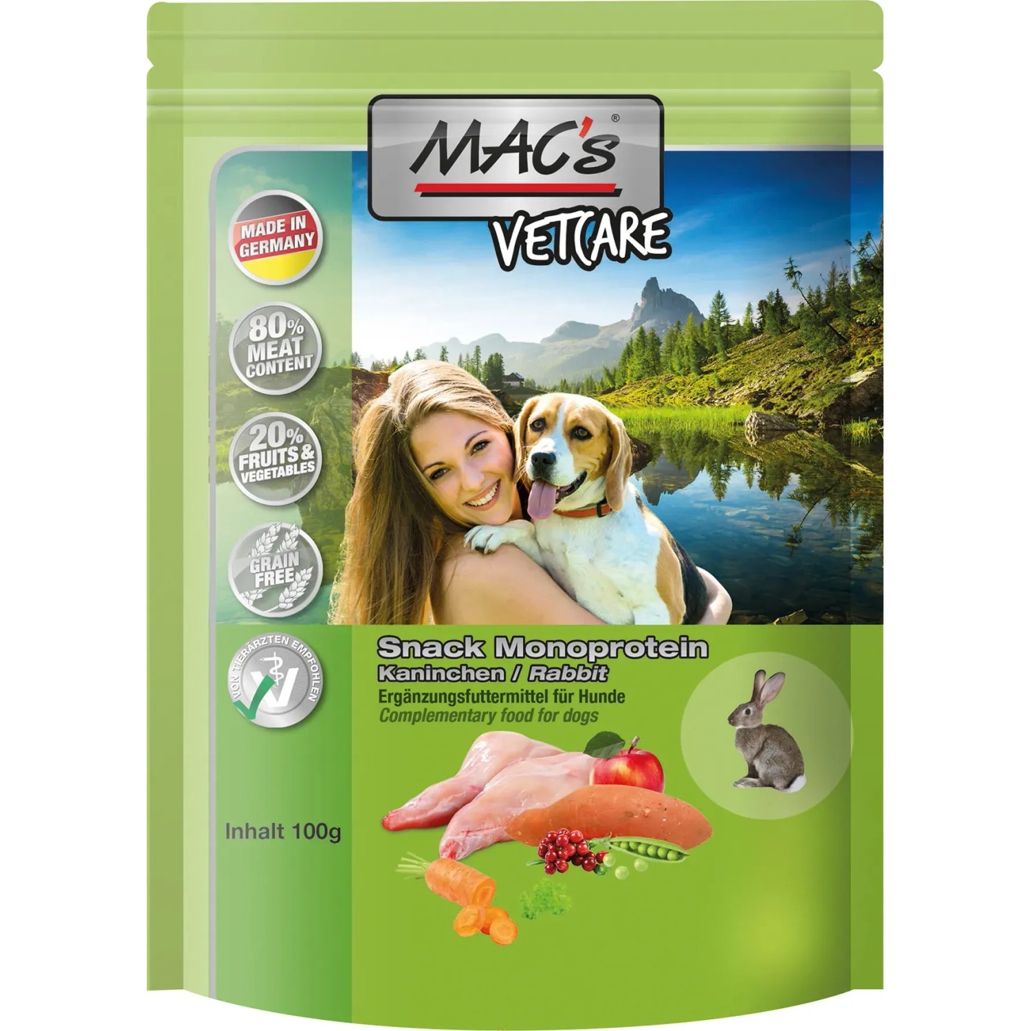 Mac's Hunde-Belohnungssnack Mono Kaninchen, 100g Packung. Getreidefreie Hunde-Snacks mit Kaninchen.