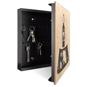 Offener Banjado Schlüsselkasten aus Holz, 30x30cm, mit Motiv Entdecker-Laterne und 50 Haken.