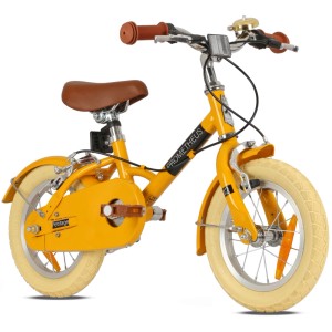 Gelbes PROMETHEUS Kinderfahrrad, 12 Zoll, Retro-Look mit Felgenbremse und Ständer.