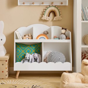 Weißes SoBuy Kinderregal mit 5 Fächern, geschwungenem Design und Holzbeinen, gefüllt mit Büchern und Spielzeug.