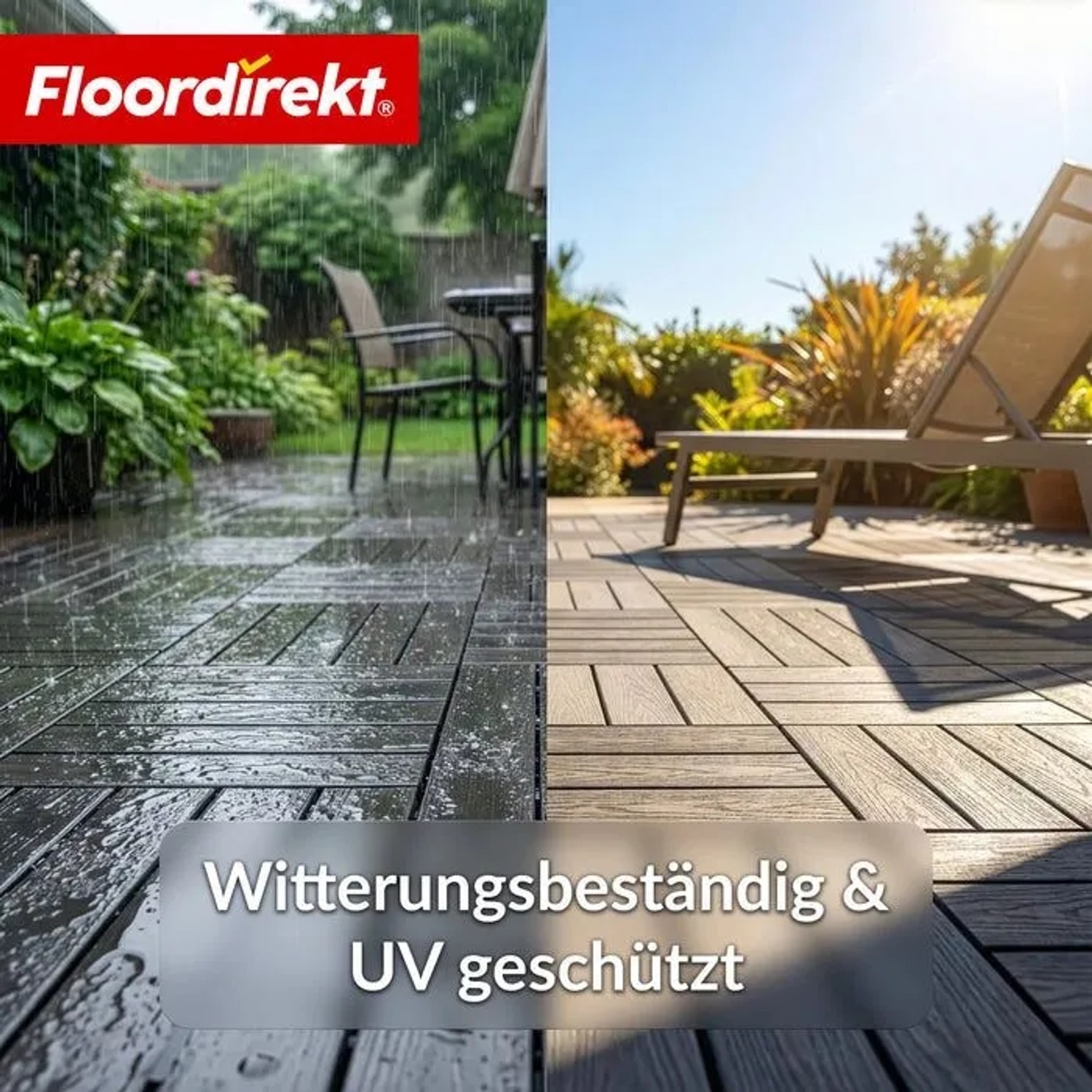 Graue WPC Klickfliesen Noble 3D von Floordirekt auf Terrasse, zur Hälfte im Regen, zur Hälfte in der Sonne.