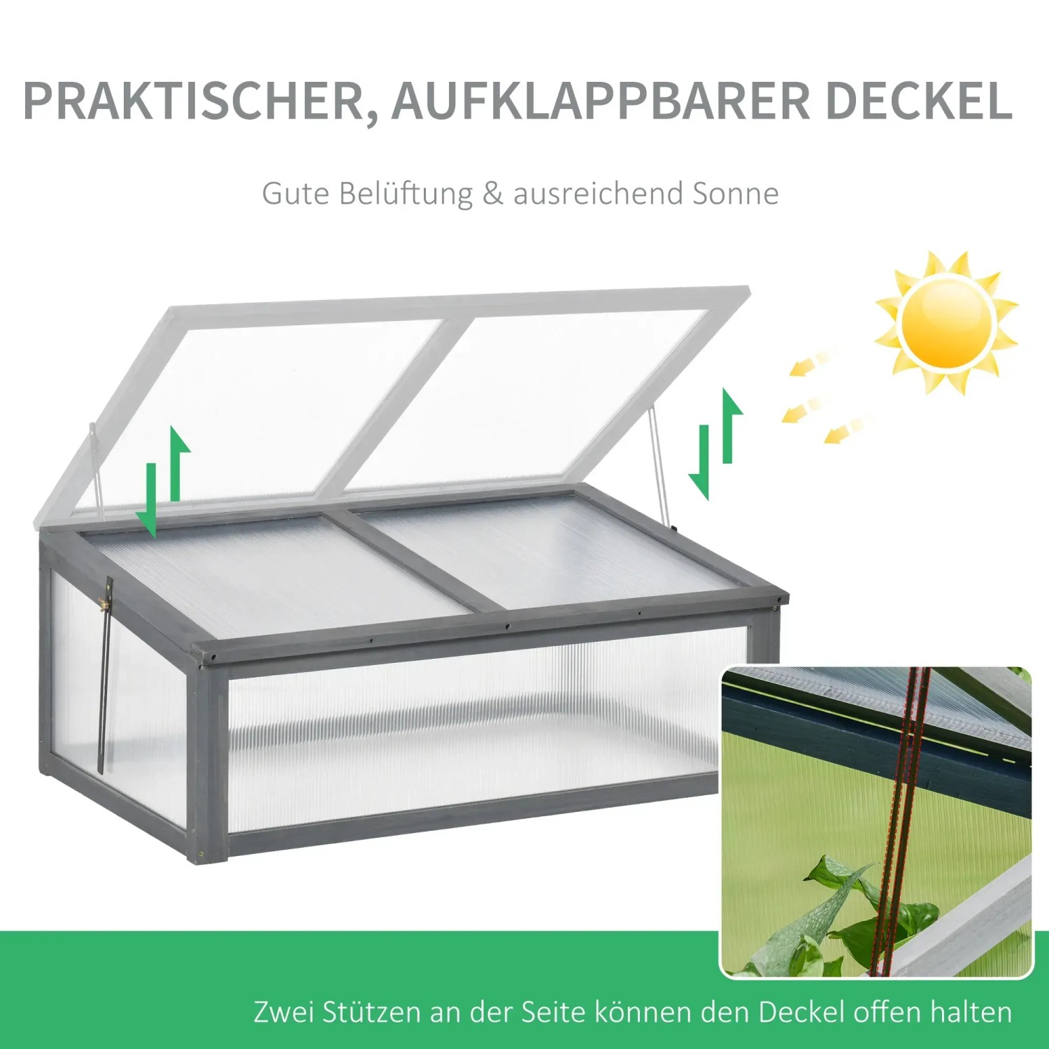 Outsunny Gewächshaus aus Tannenholz mit Polycarbonatplatten und aufklappbarem Deckel.