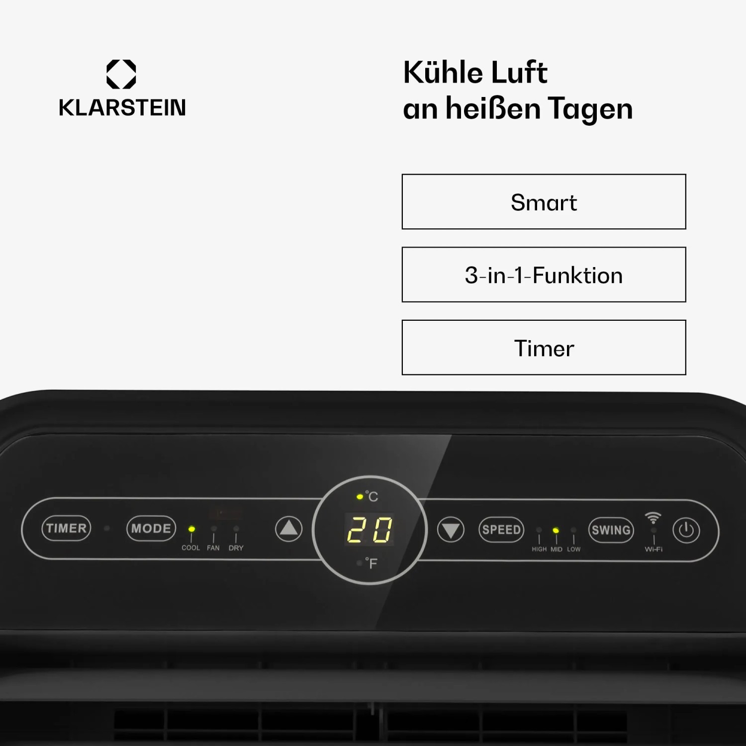 Klarstein Metrobreeze New York Smart 12k Klimaanlage in Schwarz mit digitalem Display.