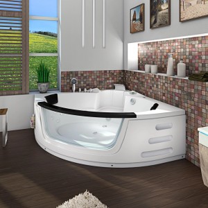 AquaVapore Whirlpool Eckbadewanne W05R 140x140cm mit Glasfront, Armaturen und Nackenkissen.