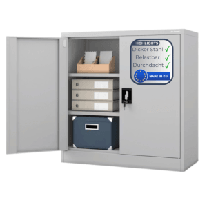 DELUKE Aktenschrank KADO, abschließbarer Büroschrank mit Flügeltüren, 93x90x40 cm, grau.