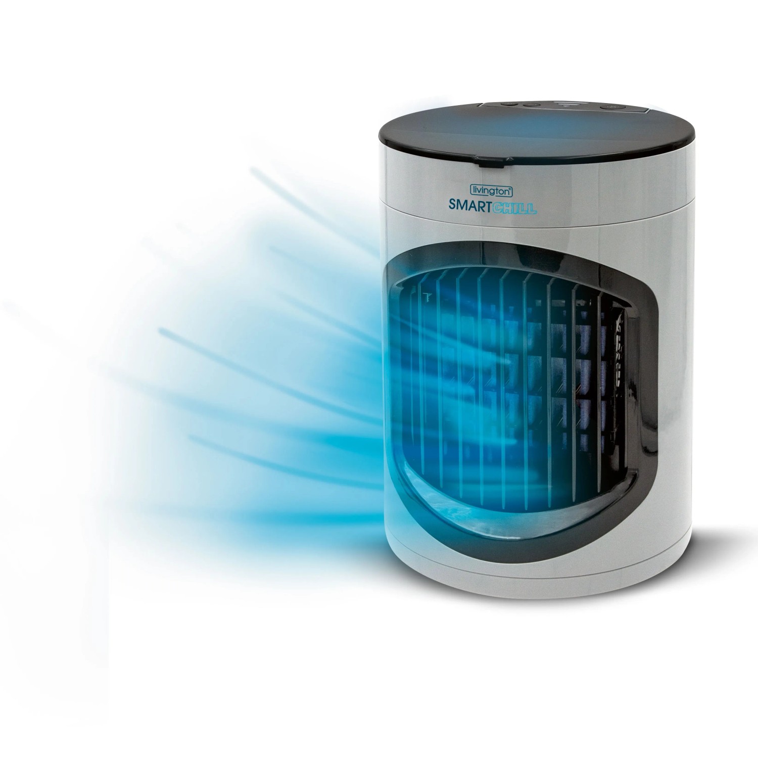 Livington SmartChill Klimagerät in Weiß mit blauem Luftstrom.