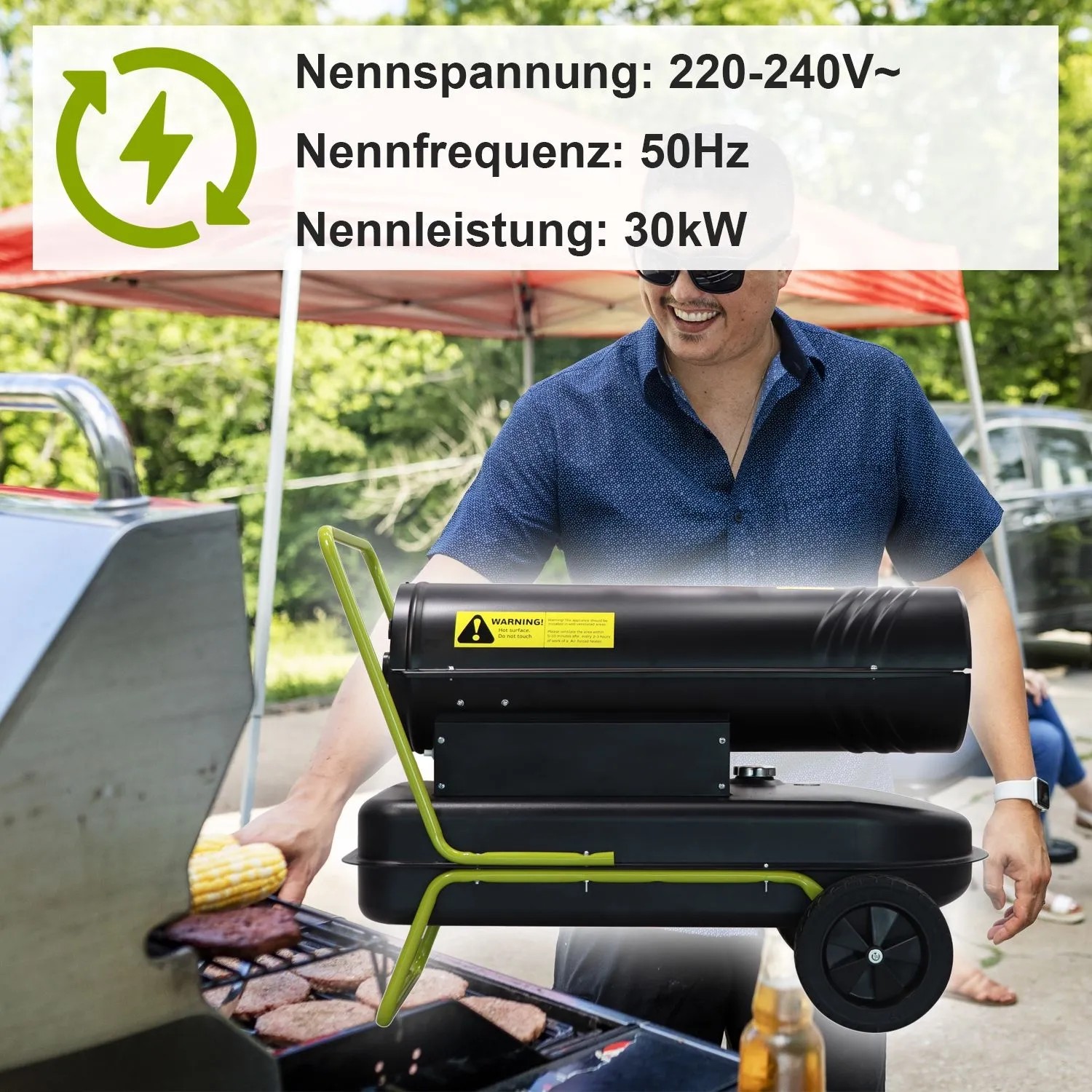 Tronitechnik Diesel Heizkanone 30kW mit Rädern im Einsatz beim Grillen.