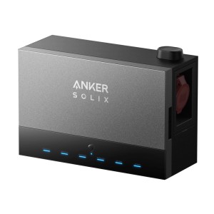 Anker Solix Power Dock für Balkonkraftwerke, graues Gehäuse mit Anschlüssen und LEDs.