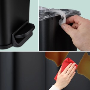 Detailansichten des schwarzen Relaxdays Badmülleimers mit Pedal und Softclose Funktion.