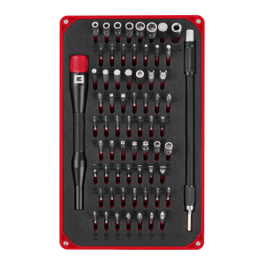 Einhell Präzisions- und Elektronik-Reparatur-Set, 66-teilig, mit Bits, Stecknüssen und Bithalter in roter Box.