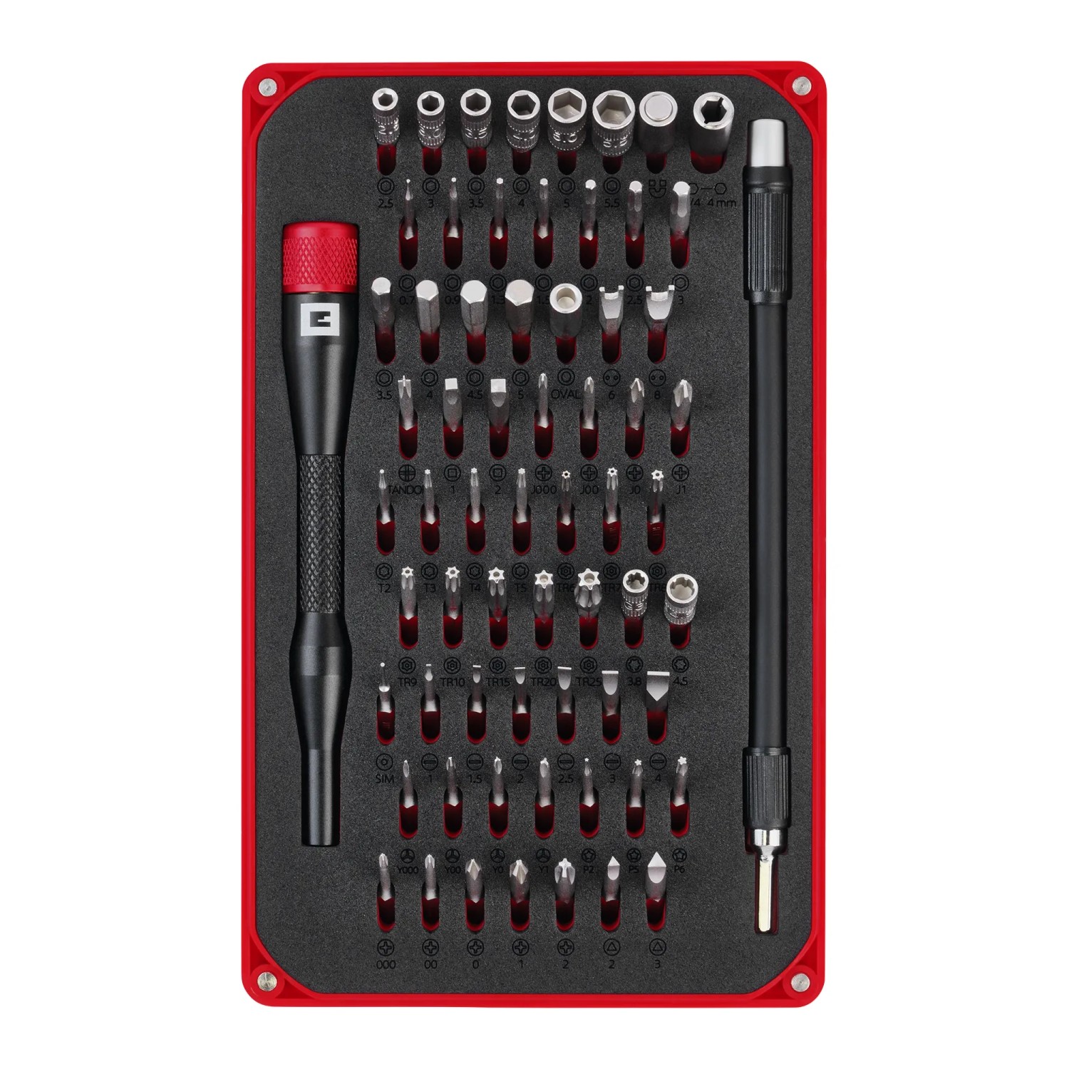 Einhell Präzisions- und Elektronik-Reparatur-Set, 66-teilig, mit Bits, Stecknüssen und Bithalter in roter Box.