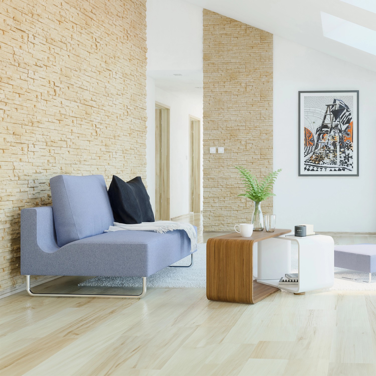 Wohnraum mit Stegu Verblender Sydney Beige an der Wand. Mediterranes Ambiente mit Natursteinoptik.