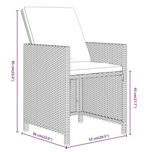 Grauer Rattan Gartenstuhl mit Kissen, Teil der vidaXL 21-tlg Essgruppe. Abmessungen sichtbar.