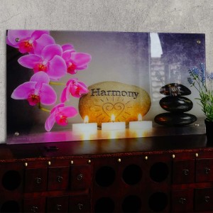 Glasbild MCW T114 50x100cm Harmony mit Orchidee, Kerzen und Steinen für Wanddekoration.