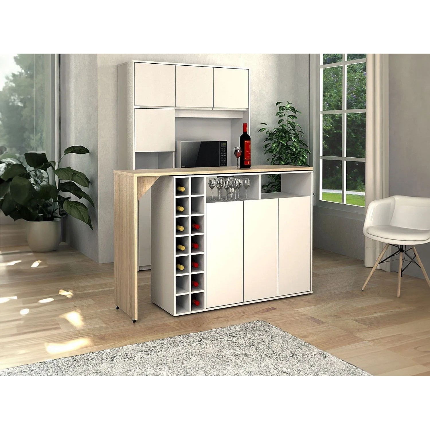 Vente-unique Vinalo Barmöbel: weißer Barschrank mit heller Holzplatte, drehbarer Bartisch, Weinregal, Stauraum.