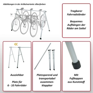 Ausziehbarer, zusammenklappbarer Fahrrad-Sattelständer aus Metall für 6-10 Räder mit Kunststoff-Fußkappen.