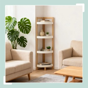 Eckregal aus Bambus und MDF mit 4 Ablagen in Natur und Weiß. Badregal für die Ecke im Wohnzimmer.