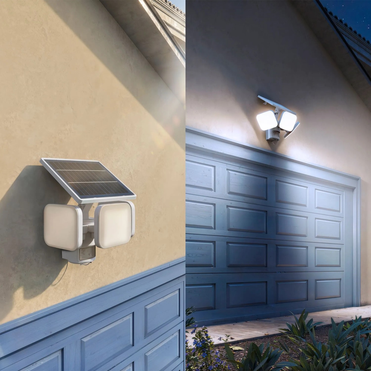 Philips Zyren Solar-LED-Außenstrahler mit Bewegungsmelder, tagsüber und nachts an Hauswand montiert.