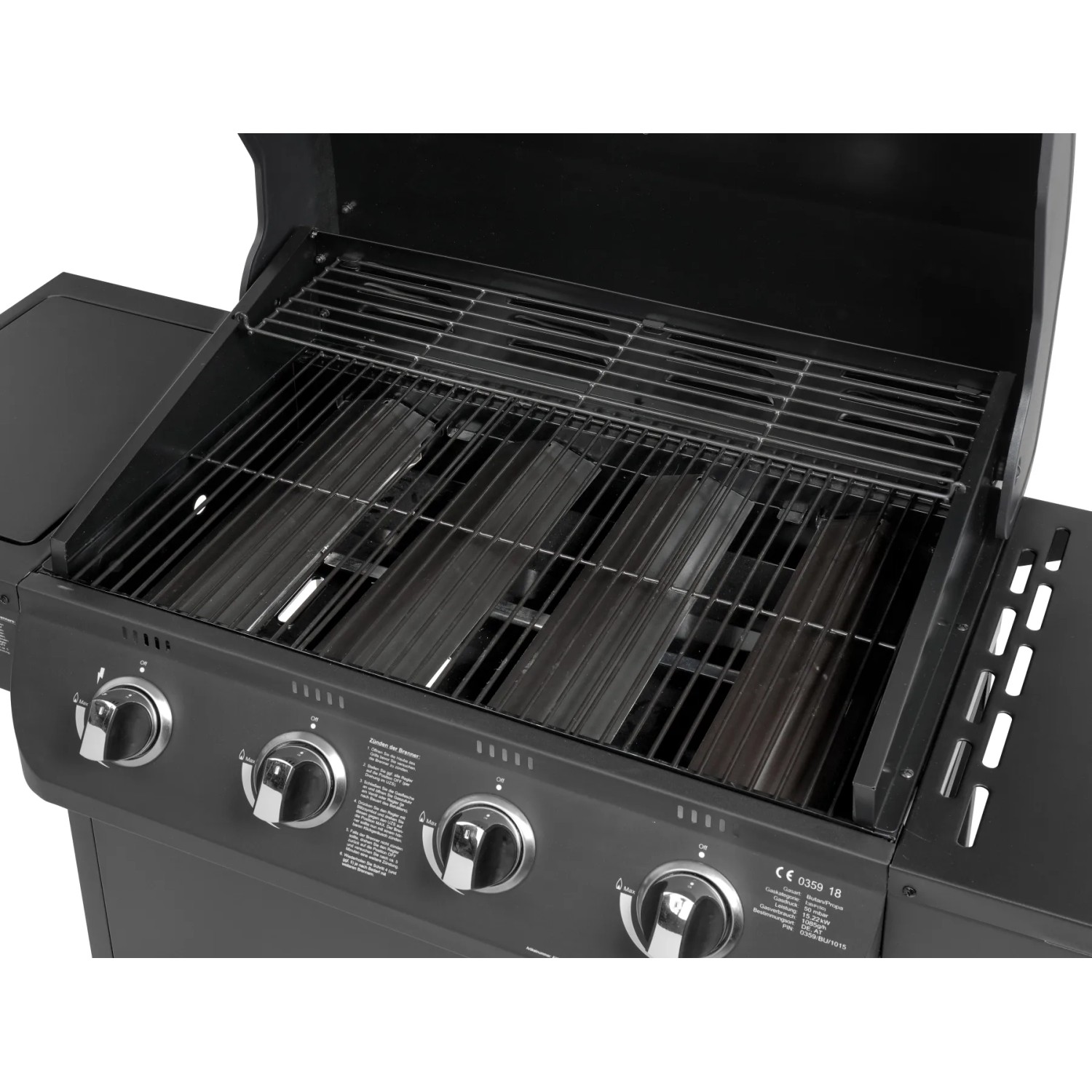 El Fuego Gasgrill Columbus mit 4 Brennern, offen, Grillrost und Warmhalterost sichtbar.