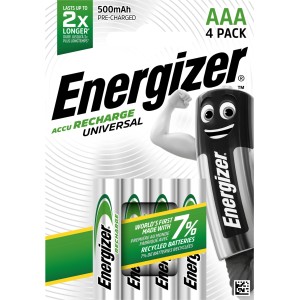 Energizer Akku Universal AAA, 4er-Packung, 500 mAh, wiederaufladbar.