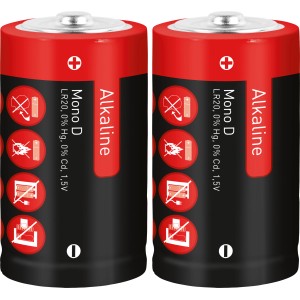 Zwei rote und schwarze Alkaline Mono D Batterien LR20, 1,5V.