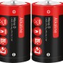 Zwei rote und schwarze Alkaline Mono D Batterien LR20, 1,5V.