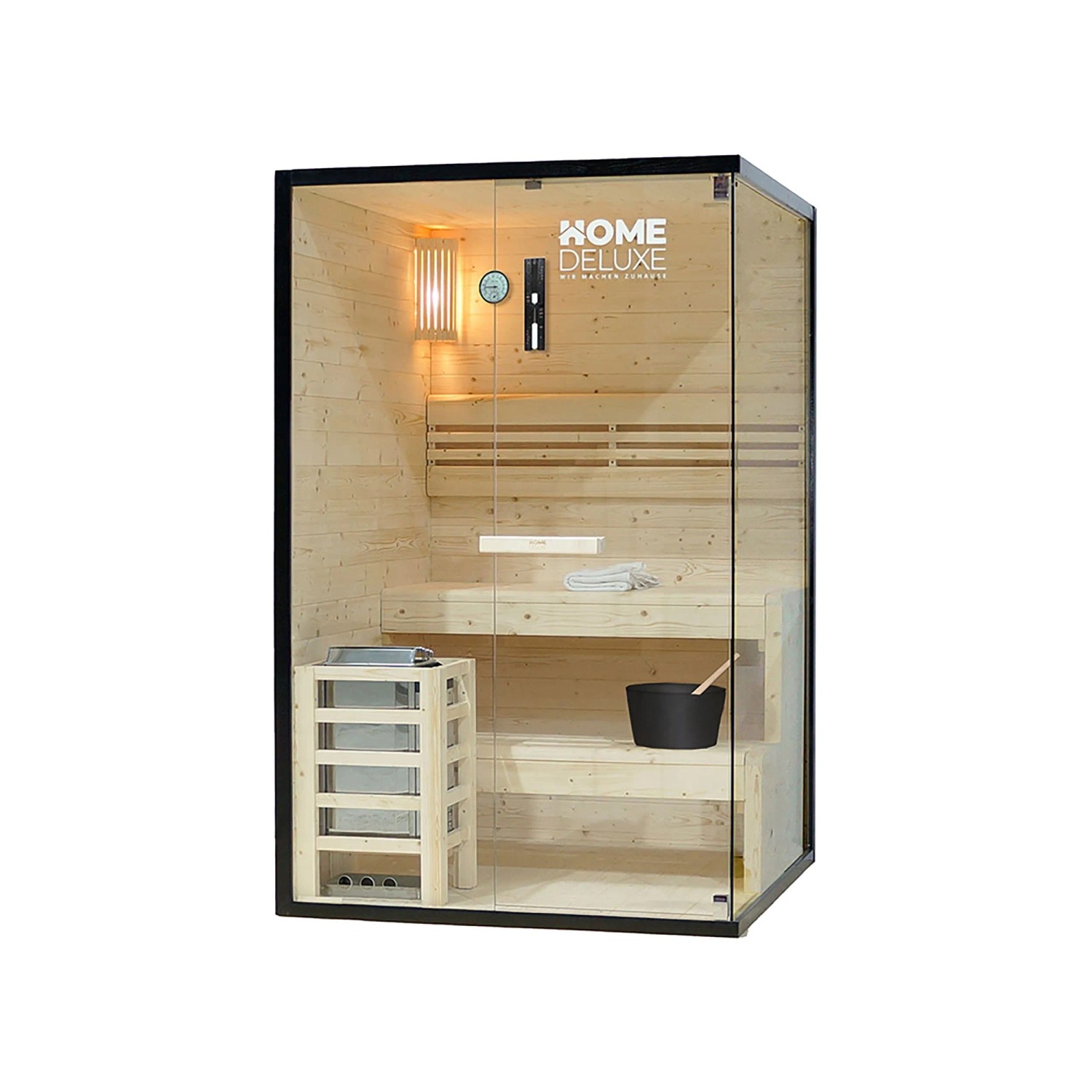 Home Deluxe Sauna SHADOW M für 2 Personen, traditionelle Sauna mit Panorama-Glasfront und Zubehör.