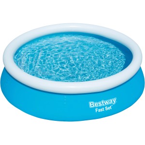 Blauer Bestway Fast Set Aufstellpool, Ø 183 cm, gefüllt mit Wasser. Quick-Up Pool mit aufblasbarem Ring.