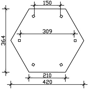 Skizze des Skan Holz Pavillon Colmar Größe 2 mit Maßangaben für Fundament und Abmessungen.
